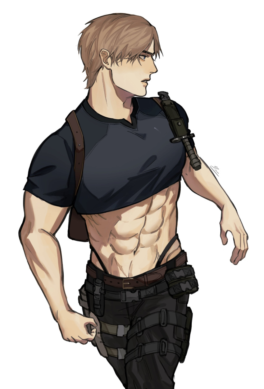 1boy abs absurdres belt black_pants brown_belt brown_hair crop_top highres holster holstered knife_holster large_pectorals leon_s._kennedy looking_to_the_side male_focus male_underwear muscular muscular_male navel njkonyj763 pants parted_lips pectorals resident_evil resident_evil_4 resident_evil_4_(remake) short_hair shoulder_holster simple_background solo thigh_holster thong underwear white_background