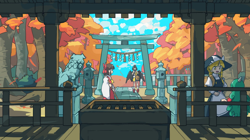 4girls apron architecture autumn bird_wings black_dress black_headwear blonde_hair blue_sky bow box broom brown_hair cloud day doggo_1d34 donation_box dress east_asian_architecture forest green_hair hair_bow hakurei_reimu hakurei_shrine hat hat_bow highres holding holding_broom horns kirisame_marisa komano_aunn long_hair long_sleeves looking_at_another multiple_girls nature open_mouth red_bow red_skirt red_vest rope scenery shameimaru_aya shide shimenawa shrine single_horn skirt sky standing statue stone_lantern torii touhou tree vest white_apron white_bow white_sleeves wide_shot wide_sleeves wings witch witch_hat yellow_eyes