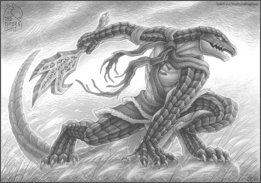 2023 4_toes 5_fingers anchor_symbol anthro armband artist_logo bottomwear clothing cloud crouching dated feet fingers fur fur_markings graphite_(artwork) grass hand_on_ground hi_res lizard logo looking_forward male markings open_mouth outside overlord_(series) pencil_(artwork) plant reptile scalie scarf signature skirt sky solo tail text thetundraghost toes traditional_media_(artwork) url zaryusu_shasha