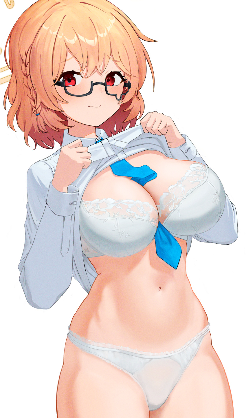 1girl between_breasts black-framed_eyewear blonde_hair blue_archive blue_necktie blush bra braid breasts closed_mouth clothes_lift commentary embarrassed furrowed_brow glasses highres kotori_(blue_archive) large_breasts lifted_by_self long_sleeves looking_at_viewer navel necktie no_pants panties red_eyes semi-rimless_eyewear shirt shirt_lift short_hair simple_background single_braid solo stomach teardrop-framed_glasses under-rim_eyewear underwear wavy_mouth white_background white_bra white_panties white_shirt whoning1