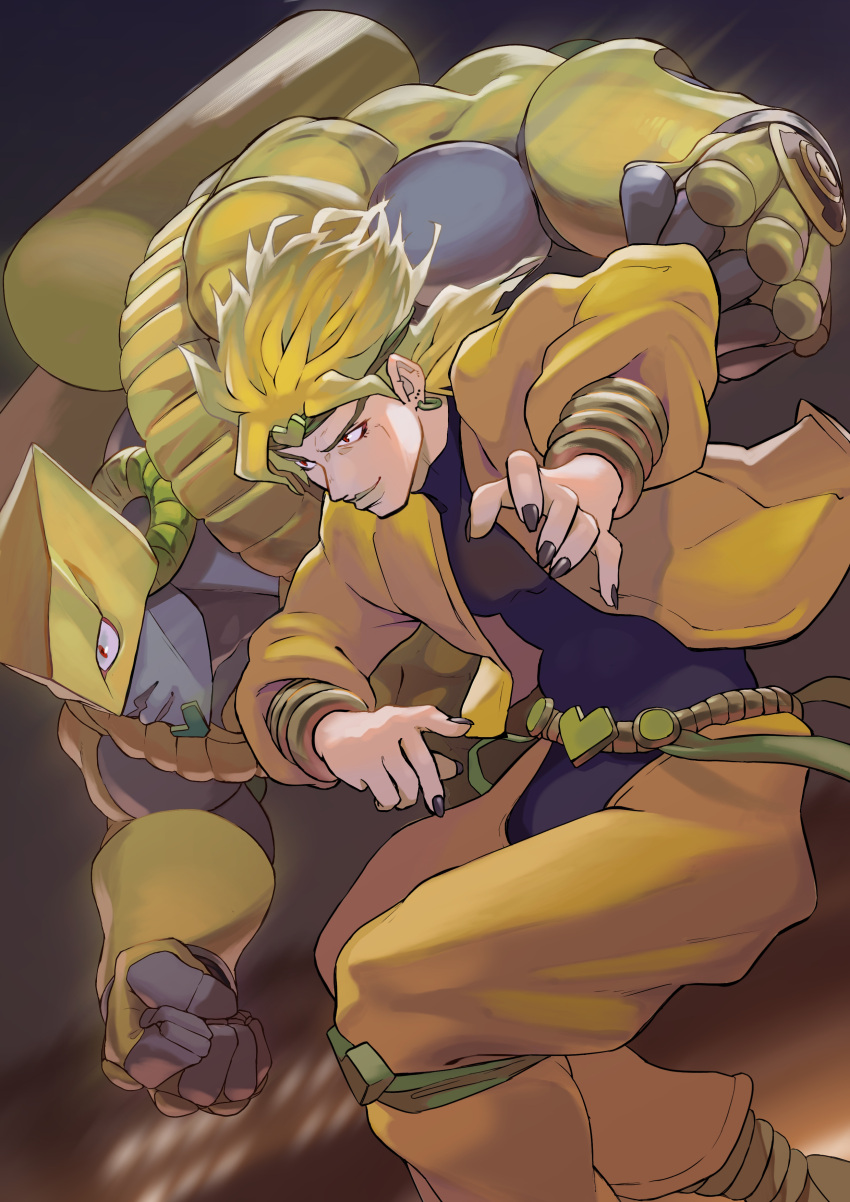 2boys absurdres black_nails cof_(ko_fu) crotchless crotchless_pants dio_brando headband highres jacket jojo_no_kimyou_na_bouken knee_pads leotard male_focus multiple_boys pants scuba_tank stand_(jojo) stardust_crusaders the_world yellow_jacket