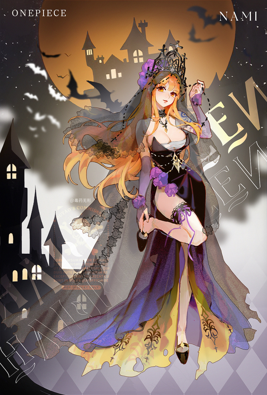 1girl black_choker black_dress black_footwear breasts bridal_gauntlets brown_eyes character_name choker cleavage commission copyright_name detached_sleeves diadem dress dywx_poison floating_hair full_body grey_sleeves halloween halloween_costume high_heels highres large_breasts long_hair long_sleeves looking_at_viewer nami_(one_piece) one_piece open_mouth orange_hair pumps purple_ribbon ribbon sarashi side_slit solo standing standing_on_one_leg straight_hair strapless strapless_dress thigh_strap veil very_long_hair watermark