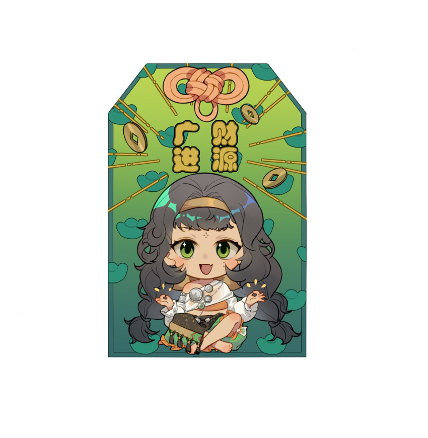 1girl barefoot black_hair blush brown_hairband chibi coin double_ok_sign facial_mark fang forehead_mark green_eyes hairband highres kanjira long_hair long_sleeves looking_at_viewer ok_sign omamori open_mouth reverse:1999 sitting solo tassel xunjn1