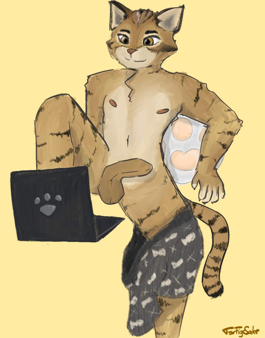 anthro balls chilling clothed clothing computer domestic_cat erection felid feline felis filip_mialczynski foreskin forfigssake_(artist) front_view genitals hi_res home laptop looking_at_computer looking_at_laptop looking_at_object male mammal nipples nude partially_clothed penis pillow pracuj_pl resting simple_background slight_smile solo spread_legs spreading tabby_cat tail underwear underwear_down yellow_background