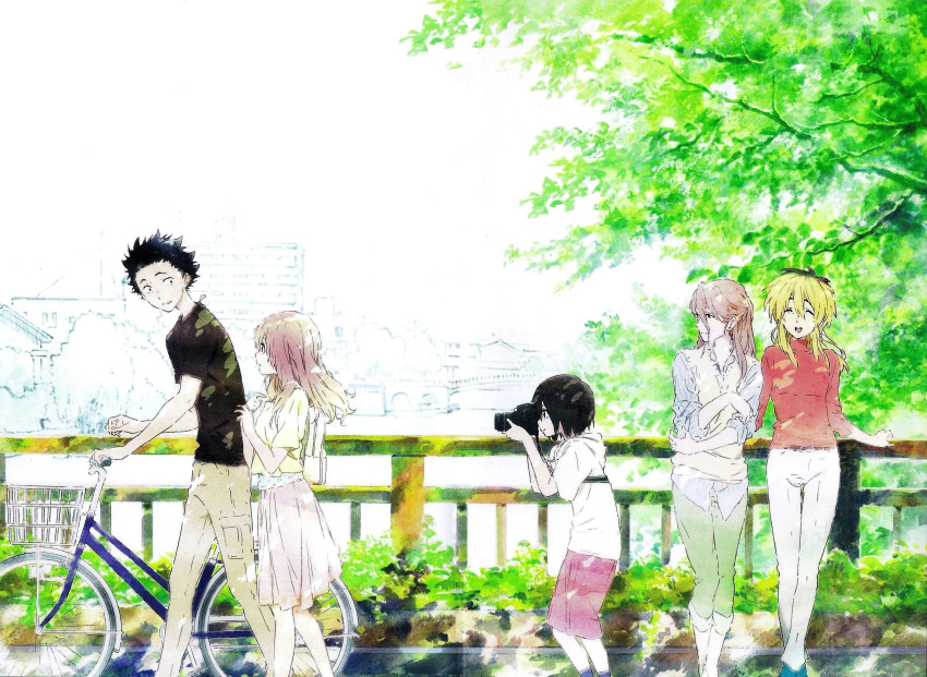 1boy 4girls backpack bag bicycle black_eyes black_hair black_shirt blonde_hair brown_hair brown_pants camera closed_eyes closed_mouth collared_shirt green_pants highres holding holding_camera hood hoodie ishida_miyako ishida_shouya koe_no_katachi long_hair looking_at_another mother_and_daughter mother_and_son multicolored_hair multiple_girls nishimiya_shouko nishimiya_yaeko nishimiya_yuzuru official_art ooima_yoshitoki open_mouth outdoors pants pink_skirt purple_shirt red_shorts red_sweater reverse_trap scan shirt short_hair short_sleeves shorts skirt smile spiked_hair sweater sweater_vest tree two-tone_hair white_hoodie white_pants white_sweater_vest yellow_shirt