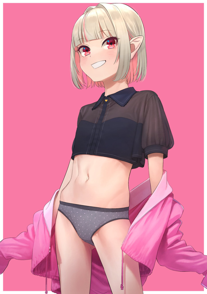 1girl arm_at_side black_shirt blunt_bangs blush colored_inner_hair grey_hair grey_panties grin highres jacket long_sleeves makaino_ririmu medium_hair multicolored_hair navel nijisanji no_pants open_clothes open_jacket panties pink_background pink_hair pink_jacket pointy_ears polka_dot polka_dot_panties red_eyes sabamen shirt simple_background sleeves_past_wrists smile solo t-shirt two-tone_hair underwear virtual_youtuber