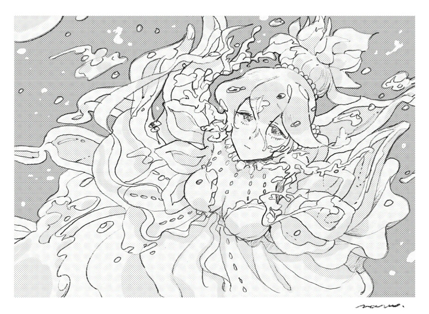 1girl air_bubble breasts bubble closed_mouth commentary greyscale hair_between_eyes hair_bun highres houseki_no_kuni lililin monochrome sad short_sleeves single_hair_bun solo submerged tentacles ventricosus water