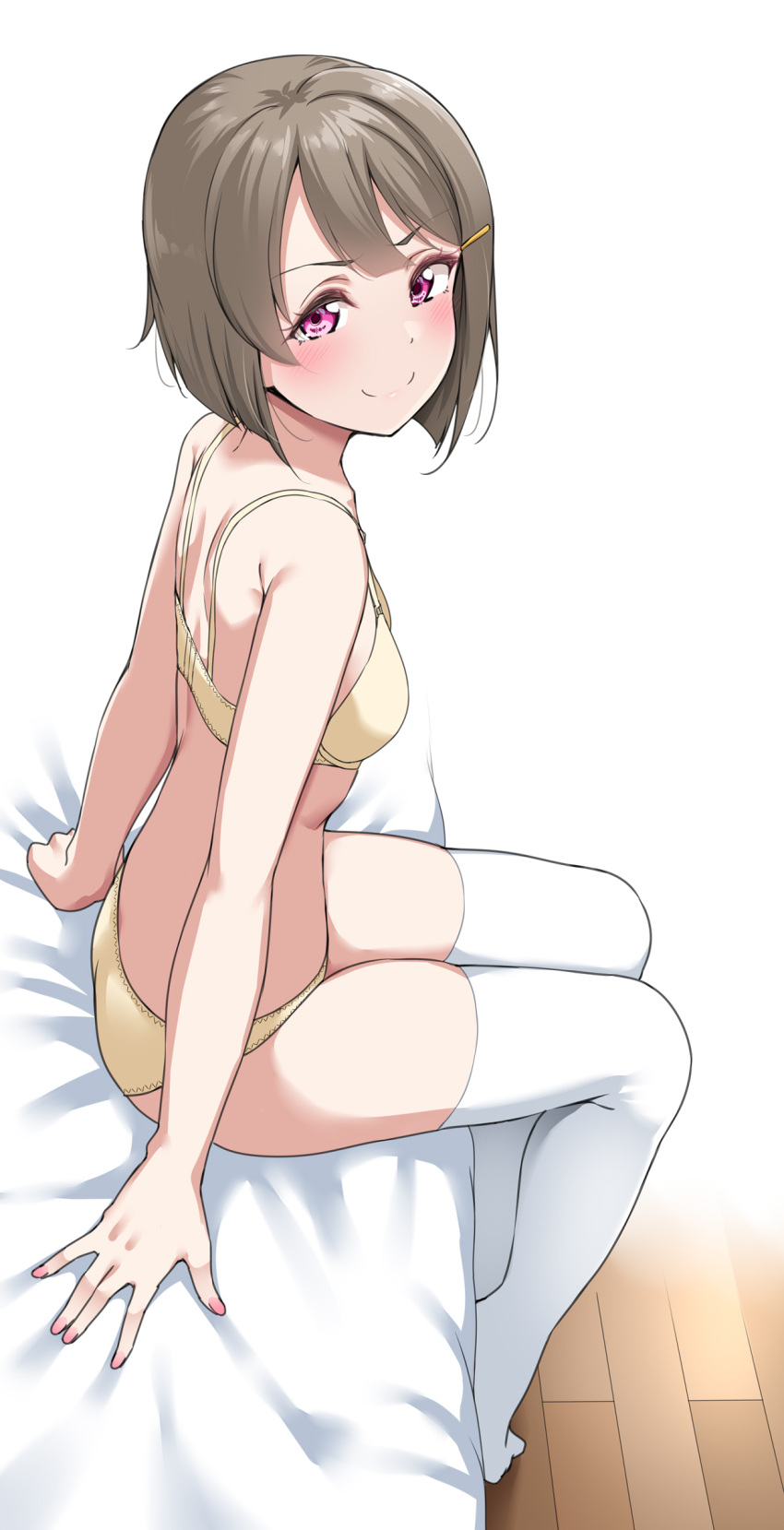 1girl absurdres bed bob_cut bra breasts brown_hair closed_mouth from_side full_body hair_ornament hairclip highres love_live! love_live!_nijigasaki_high_school_idol_club nakasu_kasumi on_bed panties pink_eyes short_hair sitting small_breasts smile solo thighhighs thighs underwear v-shaped_eyebrows white_thighhighs yellow_bra yellow_panties yopparai_oni