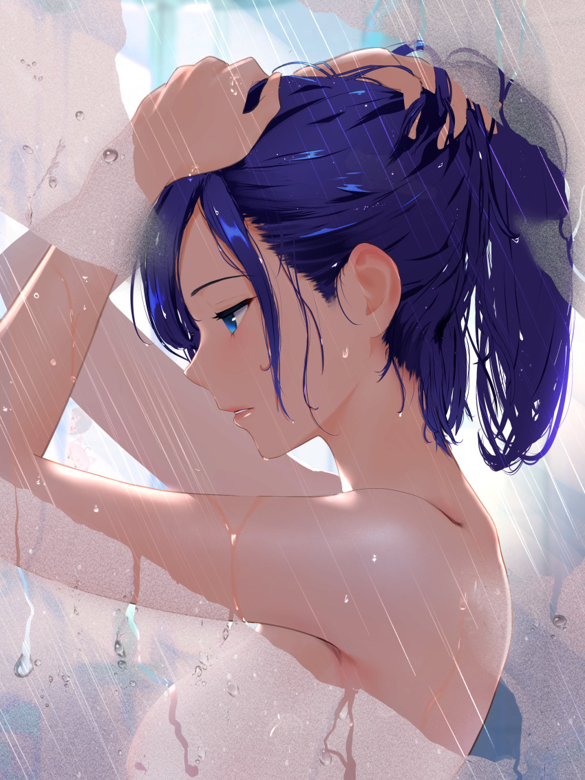 1girl a-chan_(hololive) absurdres blue_eyes blue_hair cohi27151463 commentary expressionless from_side hand_in_own_hair highres hololive lips looking_down medium_hair parted_lips ponytail profile shower_(place) showering solo steam topless upper_body virtual_youtuber wet wet_hair
