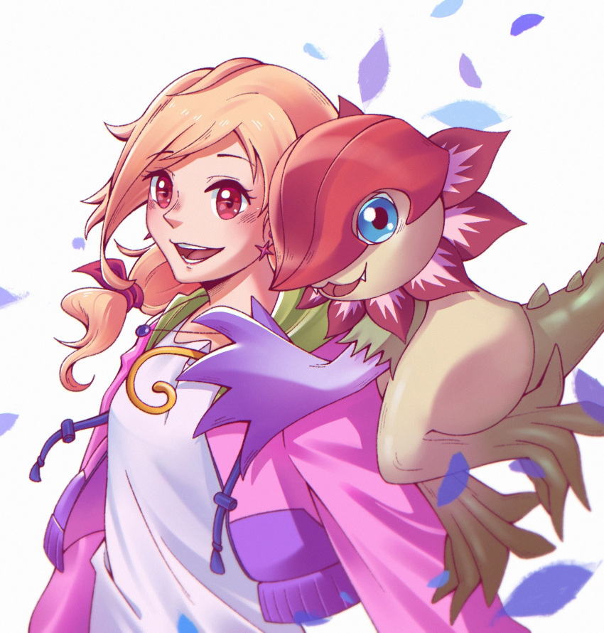 1girl 1other blonde_hair burrito-salad digimon digimon_(creature) falling_petals floramon highres jacket kimishima_saki open_clothes open_jacket open_mouth petals pink_jacket red_eyes shirt simple_background teeth upper_body white_background white_shirt