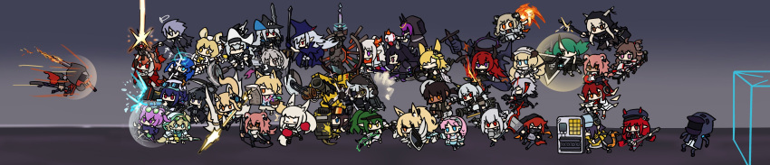 1other 5boys 6+girls absurdres alternate_costume ambiguous_gender arknights blemishine_(arknights) brother_and_sister character_request chibi crownslayer_(arknights) doctor_(arknights) exusiai_(arknights) fiammetta_(arknights) gravel_(arknights) harlequin-wheels hateful_avenger_(arknights) highres holding holding_sword holding_weapon katana kroos_(arknights) kroos_the_keen_glint_(arknights) lava_(arknights) lava_the_purgatory_(arknights) mlynar_(arknights) mudrock_(arknights) multiple_boys multiple_girls nearl_(arknights) nearl_the_radiant_knight_(arknights) nian_(arknights) nightingale_(arknights) official_alternate_costume originium_arts_(arknights) platinum_(arknights) saga_(arknights) shining_(arknights) siblings sisters sword thorns_(arknights) uncle_and_niece w_(arknights) weapon wide_image