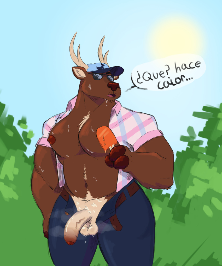 anthro antlers balls belly_tuft belt big_pecs bodily_fluids bottomwear chest_tuft clothed clothing deer eyewear food foreskin genitals hat headgear headwear hi_res hooves horn male mammal musclegut muscular musk_clouds musky_balls newmoonnsfw open_bottomwear open_clothing open_mouth open_pants open_shirt open_topwear outside pants pecs penis popsicle popsicle_melting shirt solo sunglasses sunny sweat sweaty_balls sweaty_body sweaty_chest sweaty_genitalia topwear tuft