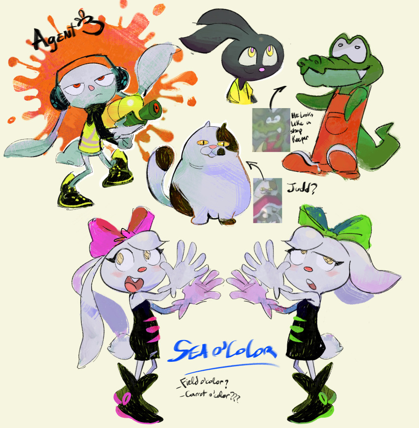 2023 5_fingers absurd_res accessory agent_3_(splatoon) alternate_species ambiguous_gender animal_humanoid anthro apron bangs beta_design beta_inkling black_body black_clothing black_dress black_footwear black_markings black_shoes black_spots black_text blue_text bow_ribbon buckteeth callie_(splatoon) cephalopod cephalopod_humanoid character_name closed_frown clothed clothing colored conjoined_eyes cotton_tail crocodilian digital_drawing_(artwork) digital_media_(artwork) dipstick_tail domestic_cat dress english_text eyelashes fangs featureless_hands felid feline felis female feral fingers footwear fur gloves green_body green_bow green_scales green_tail group hair hair_accessory hair_bow hair_ribbon half-closed_eyes handwear headphones hi_res holding_water_gun humanoid inkling judd lagomorph leixo_demo looking_at_viewer mammal marie_(splatoon) marine marine_humanoid markings mollusk mollusk_humanoid mouth_closed narrowed_eyes nintendo open_mouth open_smile orange_apron orange_clothing orange_footwear orange_shoes pink_bow pink_nose pseudo_hair pupils question_mark reptile ribbons scales scalie sea_hare shaded shoes simple_background smile splatoon spots squid_sisters_(splatoon) star_pupils suckers tail tail_markings teeth tentacle_hair tentacle_tail tentacles text toy toy_gun unusual_anatomy unusual_tail water_gun white_body white_clothing white_fur white_gloves white_hair white_handwear wide_eyed yellow_sclera