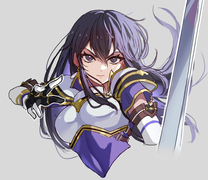 1girl absurdres armor ayra_(fire_emblem) black_eyes black_hair closed_mouth earrings fire_emblem fire_emblem:_genealogy_of_the_holy_war gloves hair_between_eyes highres holding holding_sword holding_weapon jewelry long_hair shoulder_armor sword upper_body weapon white_background zedoraart