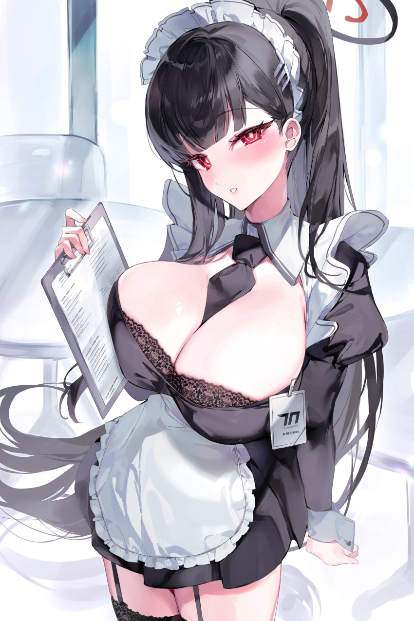 1girl :o absurdres alternate_costume alternate_hairstyle apron between_breasts black_bra black_dress black_garter_straps black_hair black_necktie black_thighhighs blue_archive blush bra breasts cleavage dress enmaided garter_straps halo highres id_card juliet_sleeves lace-trimmed_bra lace_trim large_breasts long_hair long_sleeves looking_at_viewer maid maid_headdress meunhongcha necktie necktie_between_breasts ponytail puffy_sleeves red_eyes rio_(blue_archive) solo thighhighs underwear very_long_hair white_apron wrist_cuffs