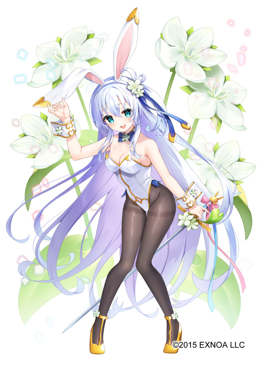 1girl :d animal_ears baikasou_(flower_knight_girl) bare_shoulders black_thighhighs blue_bow blue_bowtie blush bow bowtie breasts cleavage collarbone dot_nose fake_animal_ears flower flower_knight_girl full_body green_eyes hair_flower hair_ornament high_heels highres holding holding_sword holding_weapon knees_together_feet_apart leotard long_hair looking_at_viewer medium_breasts name_connection object_namesake official_art open_mouth playboy_bunny rabbit_ears rapier sakofu shoes side_ponytail sidelocks simple_background smile solo standing sword thighhighs thighs weapon white_background white_hair white_leotard wrist_cuffs yellow_footwear