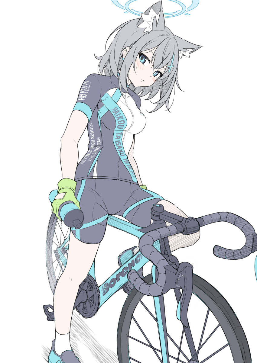 1girl animal_ear_fluff animal_ears ankle_socks bicycle bike_shorts blue_archive blue_eyes bottle breasts cross_hair_ornament crossed_bangs cycling_uniform earrings gloves green_gloves grey_hair hair_between_eyes hair_ornament halo highres holding holding_bottle jewelry light_blush looking_at_viewer masabodo medium_breasts medium_hair mismatched_pupils official_alternate_costume redrawn riding riding_bicycle shiroko_(blue_archive) shiroko_(cycling)_(blue_archive) shoes sidelocks simple_background socks solo tight_clothes white_background white_socks wolf_ears