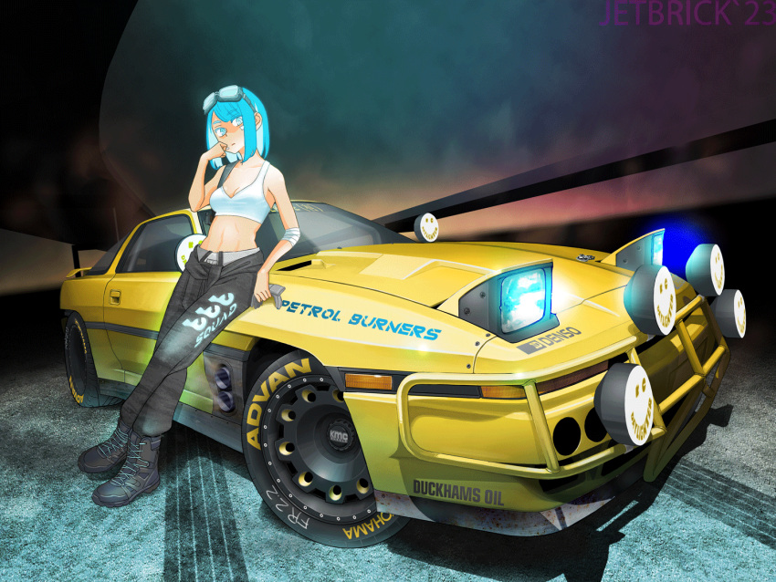 1girl aqua_eyes aqua_hair bandaged_arm bandages boots car crop_top goggles goggles_on_head grey_pants ground_vehicle hand_up headlight heterochromia jettoburikku leaning_on_object medium_hair midriff motor_vehicle night original outdoors pants product_placement solo spoiler_(automobile) stomach vehicle_focus white_eyes