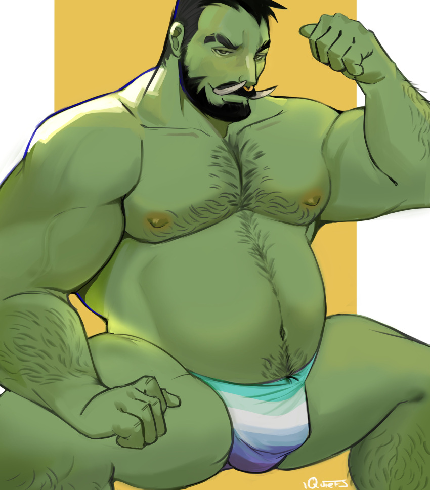 1boy absurdres arm_hair bara beard belly bulge chest_hair colored_skin come_hither curled_tusks facial_hair final_fantasy final_fantasy_xiv gay_male_pride_flag green_skin hairy half-closed_eyes highres large_pectorals leg_hair lgbt_pride long_tusks looking_at_viewer male_focus male_underwear mature_male monster_boy muscular muscular_male navel navel_hair nipples nose_piercing nose_ring original pectorals piercing print_male_underwear quietscrappy roegadyn sanpaku seductive_smile short_hair smile solo stomach strongman_waist thick_eyebrows thick_thighs thighs tusks underwear warrior_of_light_(ff14)