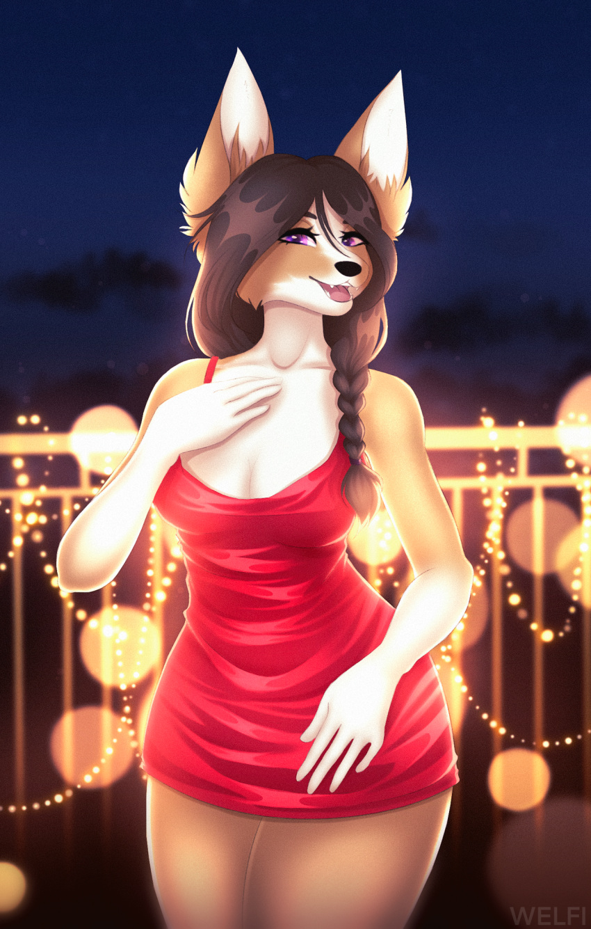 anthro balcony brown_hair canid canine canis clothed clothing domestic_dog dress female hair herding_dog hi_res mammal pastoral_dog purple_eyes red_clothing red_dress solo welfi welsh_corgi