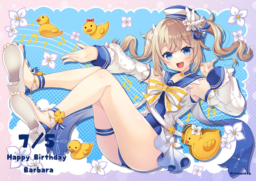 1girl :d animal_bag barbara_(genshin_impact) barbara_(summertime_sparkle)_(genshin_impact) bird blonde_hair blue_eyes blue_sailor_collar blush bow bowtie breasts commentary_request dated detached_sleeves dress duck flower frilled_dress frills full_body furukawa_lemon genshin_impact hair_between_eyes happy_birthday hat hat_flower long_hair looking_at_viewer official_alternate_costume open_mouth rubber_duck sailor_collar sailor_hat sandals small_breasts smile solo thigh_strap twintails white_bow white_bowtie white_dress white_flower white_footwear white_headwear white_sleeves