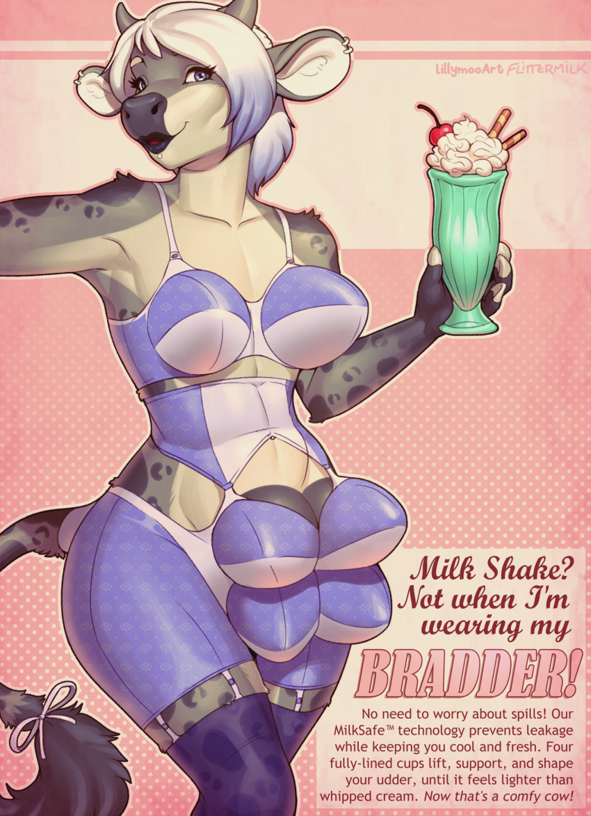 2023 accessory anthro beverage biped black_lips blue_eyes bovid bovine bra cattle clothing collaboration ear_piercing ear_ring english_text facial_piercing female flittermilk furgonomics grey_horn hair hi_res holding_milkshake holding_object horn labret_piercing lillymoo lip_piercing lips mammal milkshake piercing ribbons ring_piercing solo tail tail_accessory tail_ribbon tail_tuft teats text tuft udder_bra udders underwear vintage white_hair