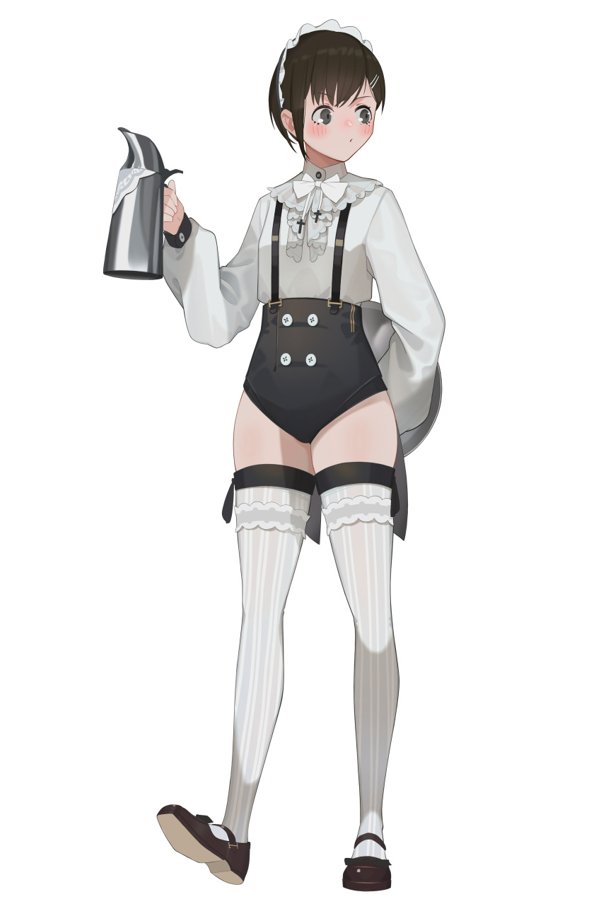 1girl absurdres black_footwear black_hair black_shorts blush bow bowtie breasts buttons cross full_body fuwafuwa4560 hand_up high-waist_shorts highres holding holding_kettle kettle long_sleeves looking_afar looking_to_the_side mary_janes original parted_lips shirt shirt_tucked_in shoes short_hair shorts simple_background small_breasts solo suspender_shorts suspenders tassel thighhighs white_background white_bow white_bowtie white_headdress white_shirt white_thighhighs