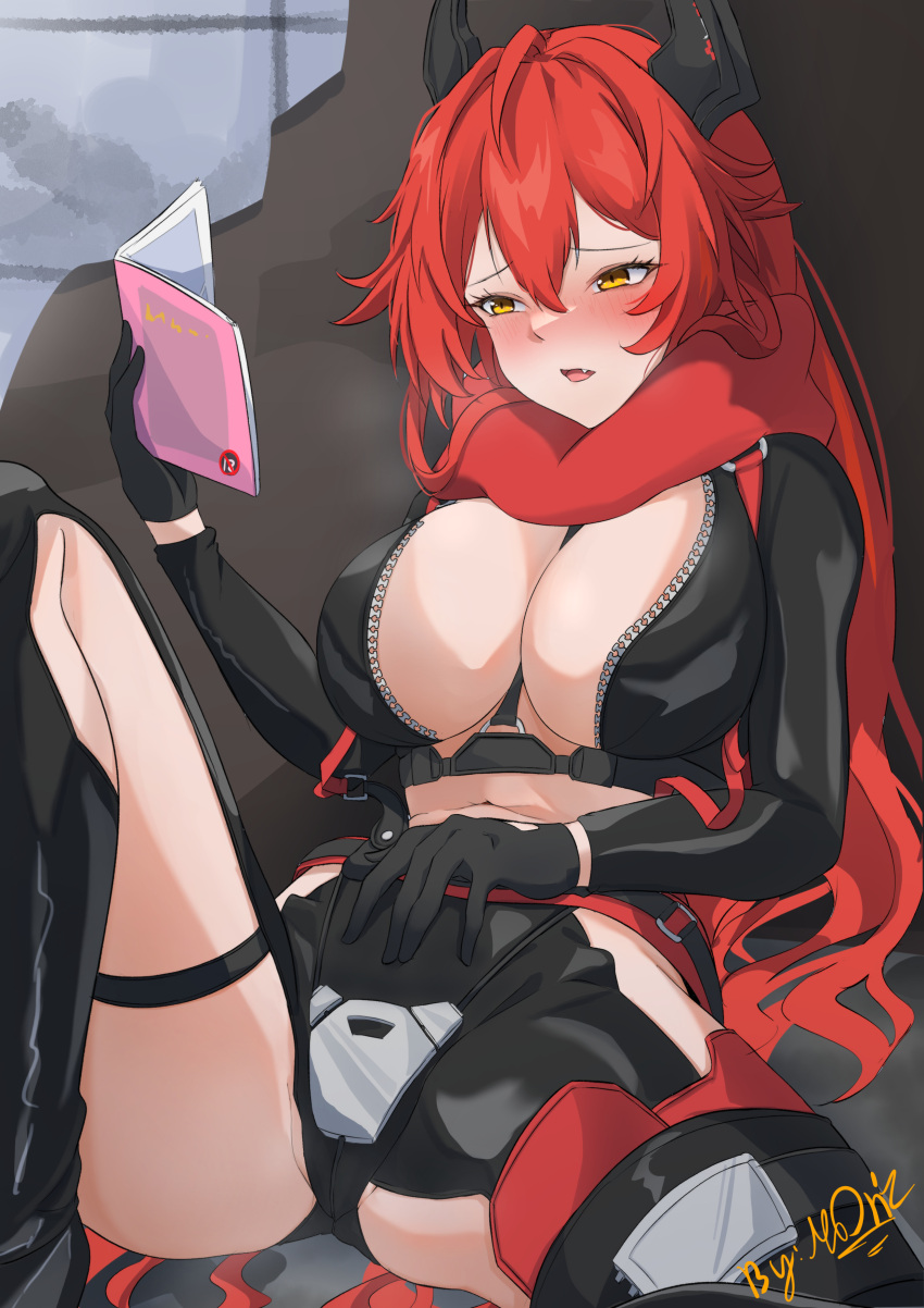 1girl absurdres black_gloves black_jacket black_pants blush book breasts cleavage commentary_typo cropped_jacket crotch_plate fang fingerless_gloves gloves goddess_of_victory:_nikke hair_between_eyes hand_on_own_crotch highres hip_vent holding holding_book horns jacket large_breasts leather leather_jacket leather_pants leg_up long_hair long_sleeves manga_(object) mechanical_horns meonic navel nose_blush open_mouth pants pornography reading red_hair red_hood_(nikke) red_scarf scarf sidelocks signature sitting solo stomach unzipped yellow_eyes