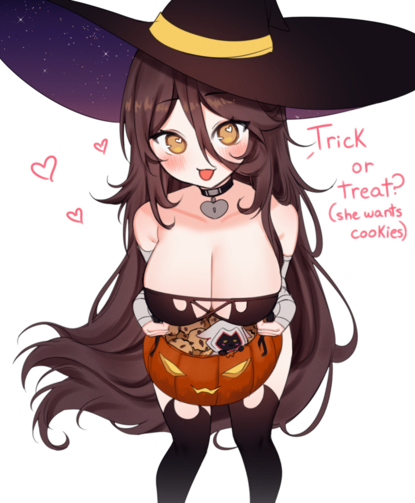 1girl absurdres bandaged_arm bandages bare_shoulders black_thighhighs blush breasts brown_eyes brown_hair choker cleavage collarbone cookie english_text feet_out_of_frame food from_above hair_between_eyes halloween halloween_costume hat heart heart_choker highres jack-o'-lantern large_breasts leaning_forward leotard long_bangs long_hair looking_at_viewer open_mouth original simple_background sky_above_me smile solo strap_gap strapless thighhighs trick-or-treating very_long_hair white_background witch_hat