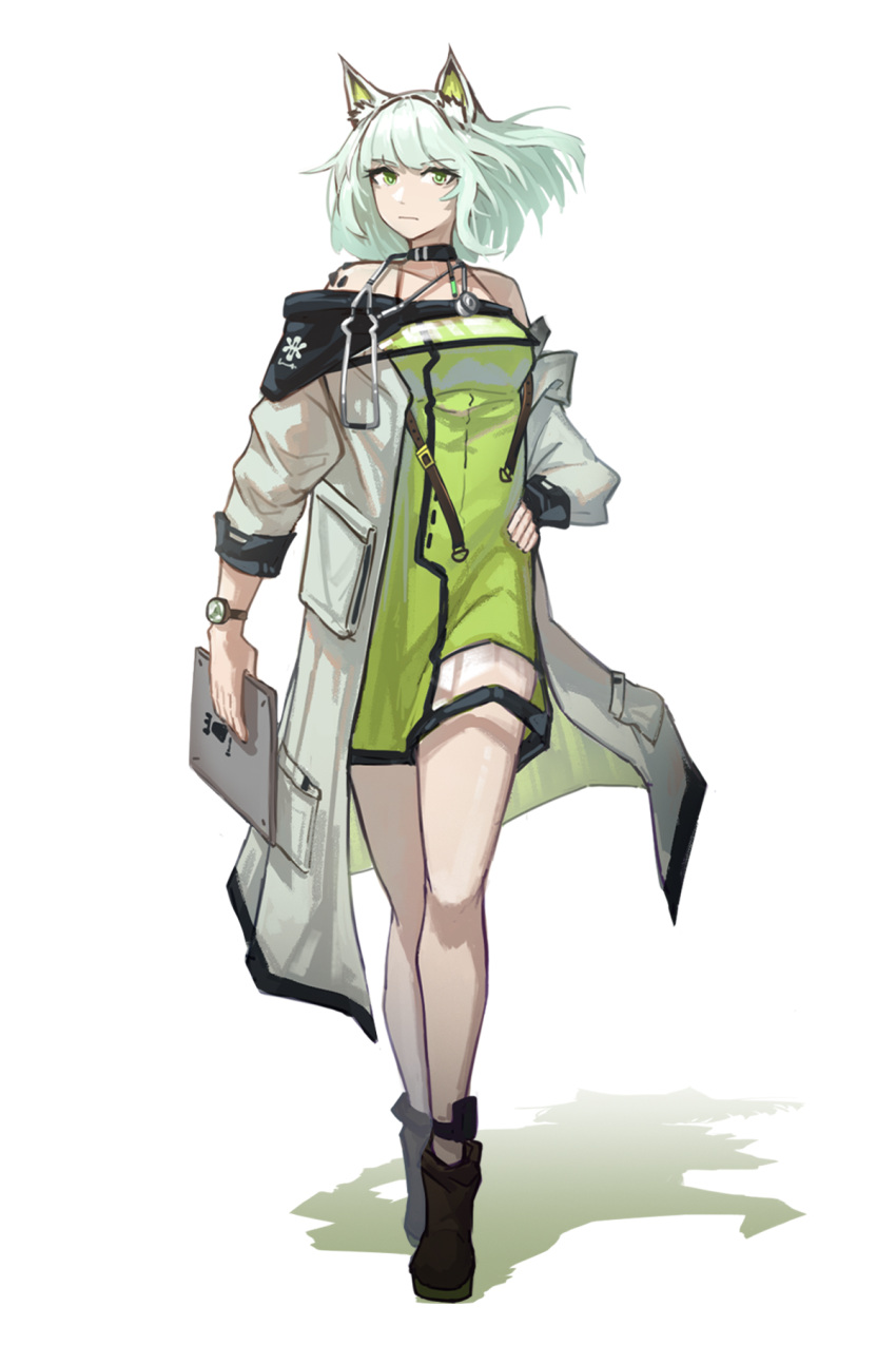 1girl animal_ears arknights black_footwear boots cat_ears cat_girl coat dress full_body green_dress green_eyes green_hair hand_on_own_hip highres holding kal'tsit_(arknights) long_sleeves off-shoulder_coat off-shoulder_dress off_shoulder open_clothes open_coat oripathy_lesion_(arknights) simple_background standing stethoscope taoxisama watch white_background white_coat wristwatch