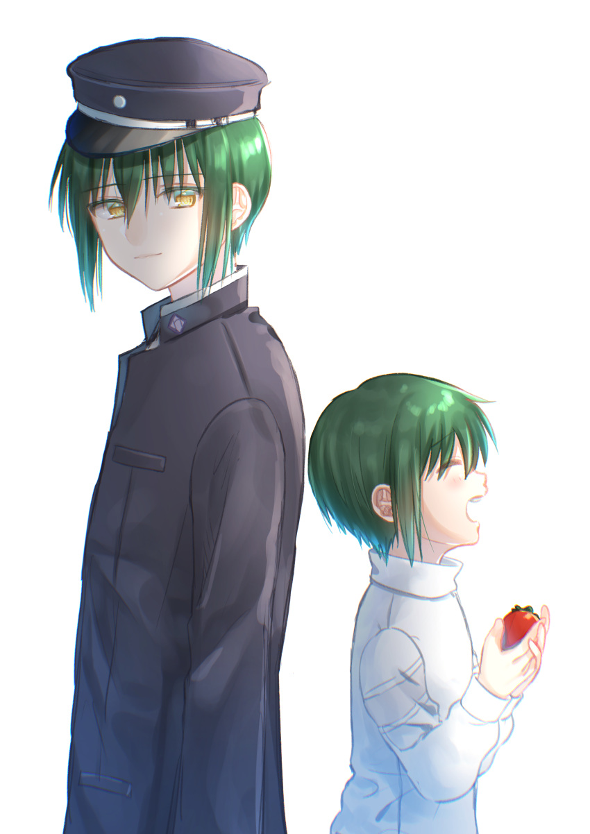 2boys ^_^ absurdres aged_down angel_beats! back-to-back black_headwear black_jacket blush child closed_eyes commentary_request green_hair happy hat highres jacket looking_back multiple_boys multiple_persona naoi_ayato open_mouth peaked_cap profile sad_smile school_uniform shirt short_hair simple_background smile upper_body white_background white_shirt zuzuhashi