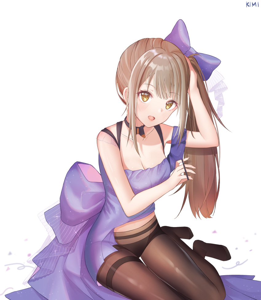 1girl black_panties bow breasts brown_hair cleavage commentary dress girls'_frontline hair_bow hair_tie highres k2_(before_dawn)_(girls'_frontline) k2_(girls'_frontline) kimi_(jxrm5387) large_breasts looking_at_viewer official_alternate_costume open_mouth panties panties_under_pantyhose pantyhose purple_bow purple_dress side_ponytail simple_background smile solo tying_hair underwear white_background