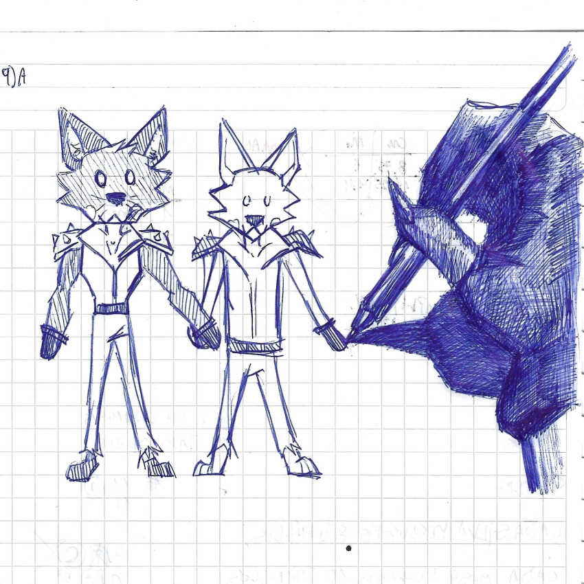 anthro belt canid canine canis clothed clothing drawing drawing_pen duo epic_games fennix_(fortnite) fortnite fox hand_holding hi_res male mammal muscular muscular_anthro muscular_male pinumontbalou spikes traditional_media_(artwork) volpez_(fortnite)