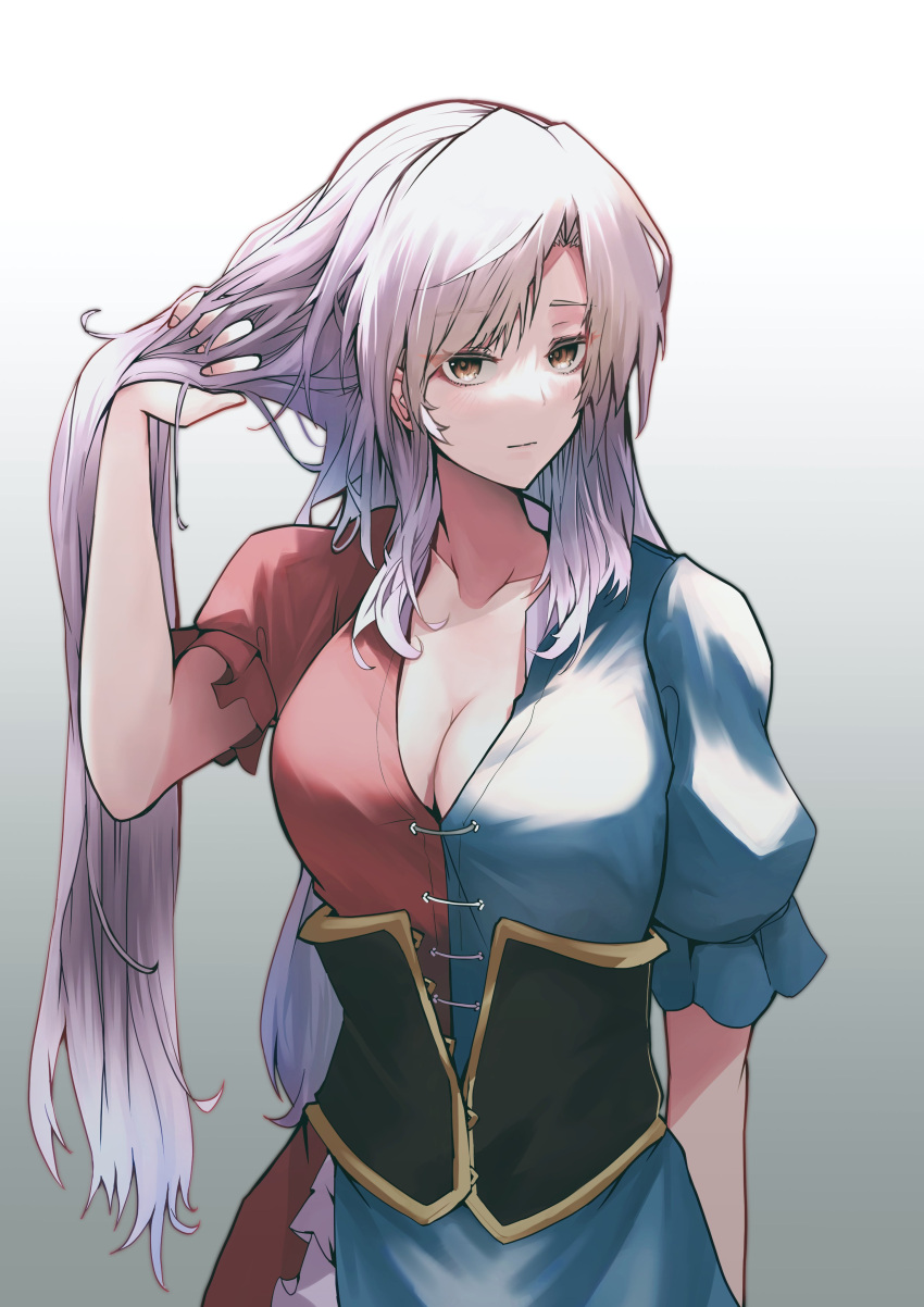 1girl absurdres alternate_hairstyle blue_dress breasts cleavage closed_mouth collarbone dress gradient_background grey_hair highres large_breasts long_hair no_headwear red_dress short_sleeves solo touhou two-tone_dress upper_body yagokoro_eirin yagoro_kusuriya yellow_eyes