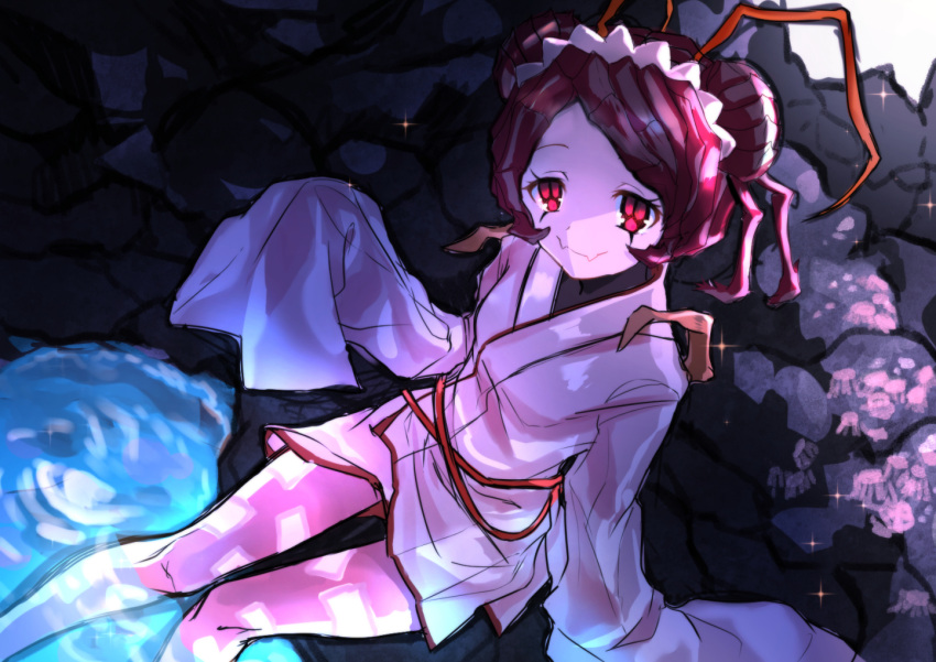 1girl antennae arthropod_girl closed_mouth commentary_request dark double_bun entoma_vasilissa_zeta extra_pupils fangs feet_out_of_frame from_above hair_bun hand_up japanese_clothes kimono looking_at_viewer maid maid_headdress monster_girl official_alternate_costume ofuda ofuda_on_clothes overlord_(maruyama) pantyhose pink_pantyhose poppu purple_hair red_eyes short_hair sitting skin_fangs sleeves_past_wrists smile soaking_feet solo sparkle water white_kimono