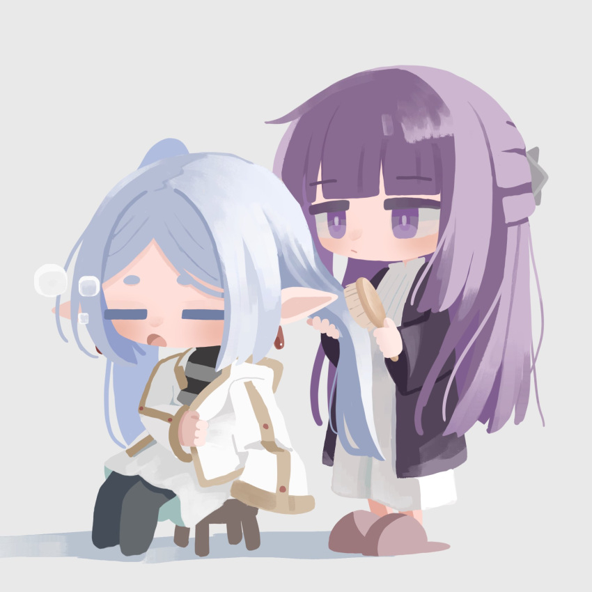2girls black_coat black_pantyhose blue_hair blunt_bangs brushing_another's_hair brushing_hair chibi closed_eyes closed_mouth coat commentary_request dress earrings elf fern_(sousou_no_frieren) frieren full_body gold_trim grey_background hair_brush hair_half_undone highres holding holding_hair_brush jacket jewelry long_coat long_dress long_hair long_sleeves multiple_girls open_mouth pantyhose parted_bangs pointy_ears purple_eyes purple_hair shirota_(petapeta84) sidelocks simple_background sitting sleepy slippers sousou_no_frieren standing stool straight_hair twintails very_long_hair white_dress white_jacket wide_sleeves