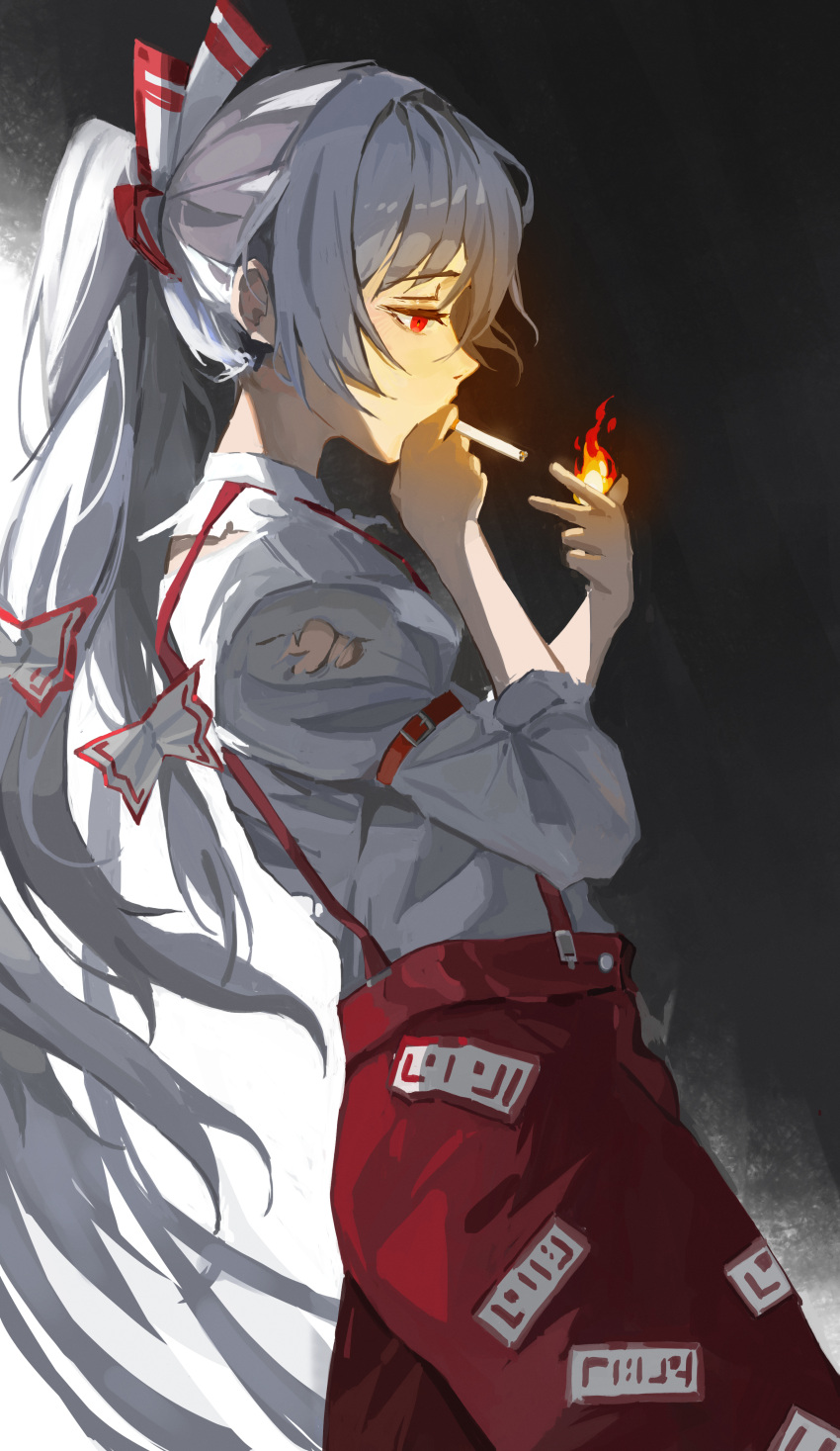 1girl absurdres bow cigarette cowboy_shot dark_background fire flame from_side fujiwara_no_mokou grey_background hair_bow half-closed_eyes hands_up highres long_hair long_sleeves ofuda pants ponytail profile pyrokinesis red_eyes red_pants shirt sidelighting simple_background smoke smoking solo suspenders torn_clothes touhou user_hzsd8525 very_long_hair