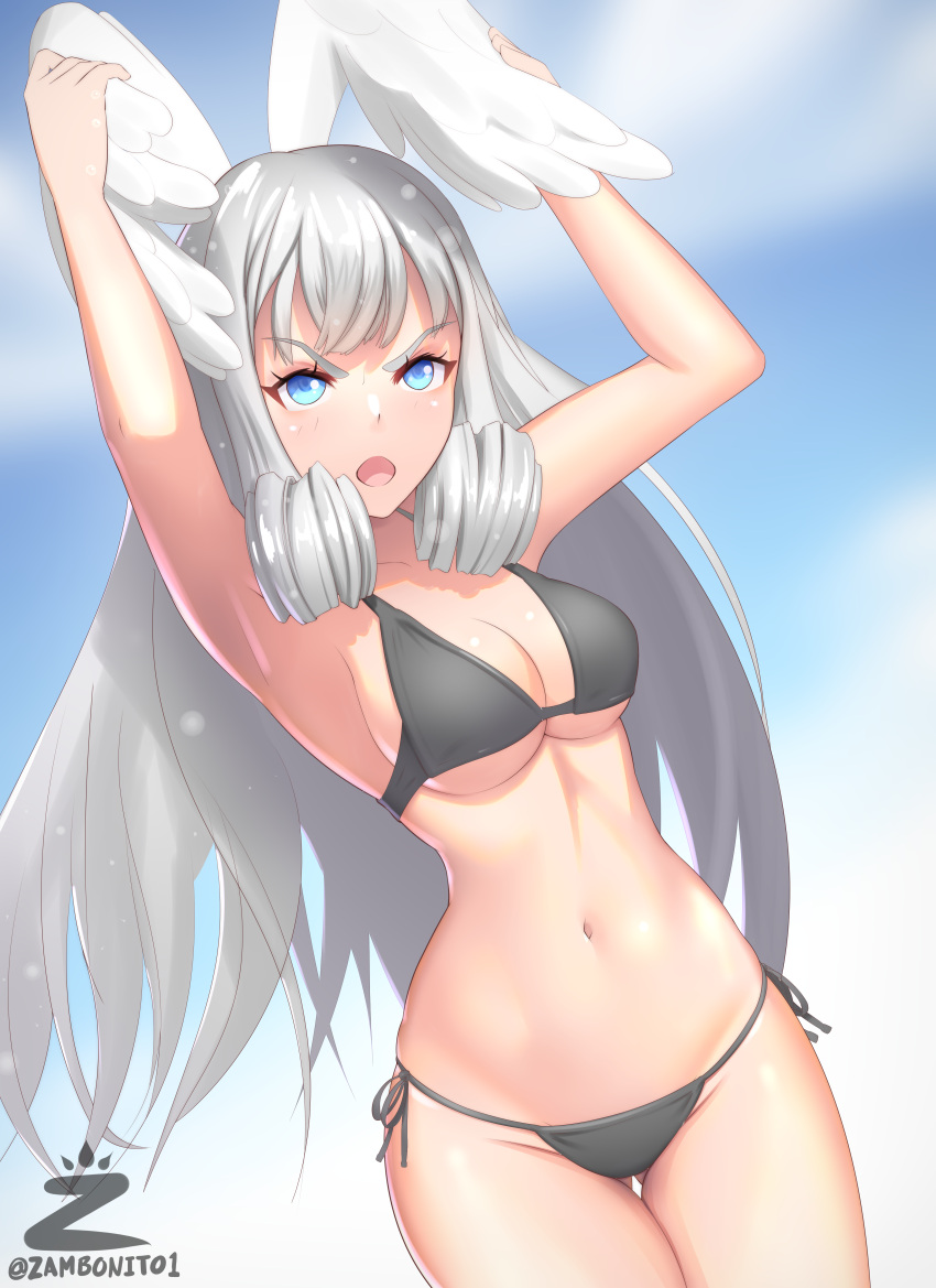 1girl absurdres annoyed arms_up artist_logo artist_name ass_visible_through_thighs bikini black_bikini blue_eyes blush breasts cloud curly_hair dutch_angle grey_hair head_wings highres long_hair looking_at_viewer medium_breasts melia_antiqua open_mouth outdoors side-tie_bikini_bottom solo swimsuit thigh_gap twitter_username wings xenoblade_chronicles_(series) xenoblade_chronicles_1 xenoblade_chronicles_3 zambonito