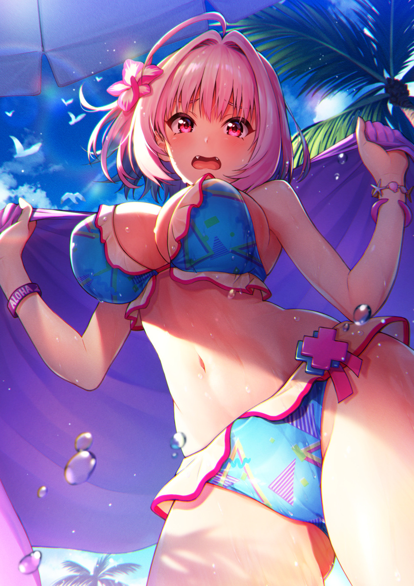 1girl absurdres ahoge aqua_hair bare_shoulders bikini bird blue_bikini blush bob_cut breasts chromatic_aberration colored_inner_hair fang flower frilled_bikini frills from_below frown groin hair_flower hair_intakes hair_ornament hibiscus highres holding holding_towel idolmaster idolmaster_cinderella_girls idolmaster_cinderella_girls_starlight_stage large_breasts lens_flare looking_at_viewer multicolored_hair navel open_mouth outdoors palm_tree pink_eyes pink_flower pink_hair print_bikini satoutakahumi seagull solo stomach summer swimsuit thighs tongue towel tree two-tone_hair wet wristband x yumemi_riamu