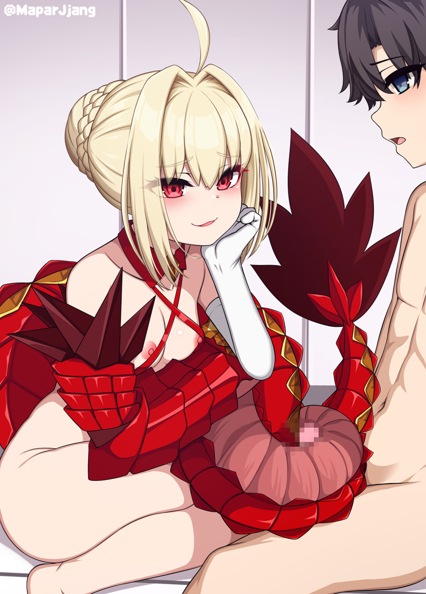 1boy 1girl ahoge bikini black_hair blonde_hair blue_eyes braid breasts censored collarbone criss-cross_halter dragon_claw dragon_tail elbow_gloves facial_mark fate/grand_order fate_(series) french_braid fujimaru_ritsuka_(male) gloves hair_bun hair_intakes halterneck hetero highres long_hair mapar mosaic_censoring nero_claudius_(fate) nipples nude penis queen_draco_(fate) queen_draco_(second_ascension)_(fate) red_bikini red_eyes scales short_hair single_glove sitting small_breasts smile swimsuit tail tail_wrap tailjob thighs wariza white_gloves