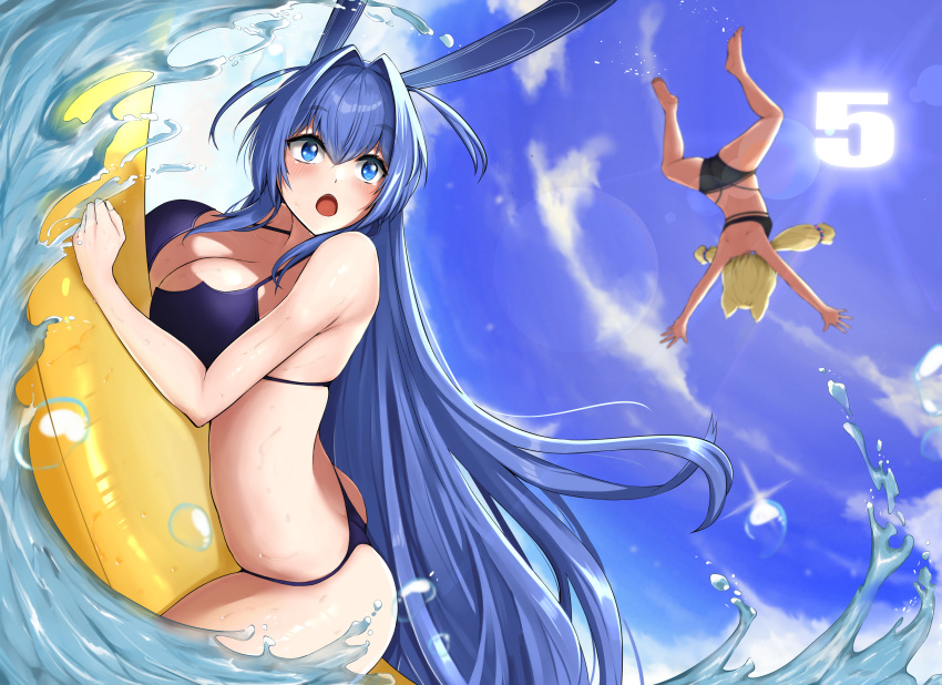 2girls absurdres alternate_costume animal_ears ass azur_lane banana_boat bikini black_bikini blonde_hair blue_eyes blue_sky breasts fake_animal_ears full_body highres large_breasts long_hair multiple_girls new_jersey_(azur_lane) ocean ojisan_f open_mouth purple_bikini purple_hair rabbit_ears roman_numeral sky string_bikini swimsuit twintails very_long_hair warspite_(azur_lane) water waves