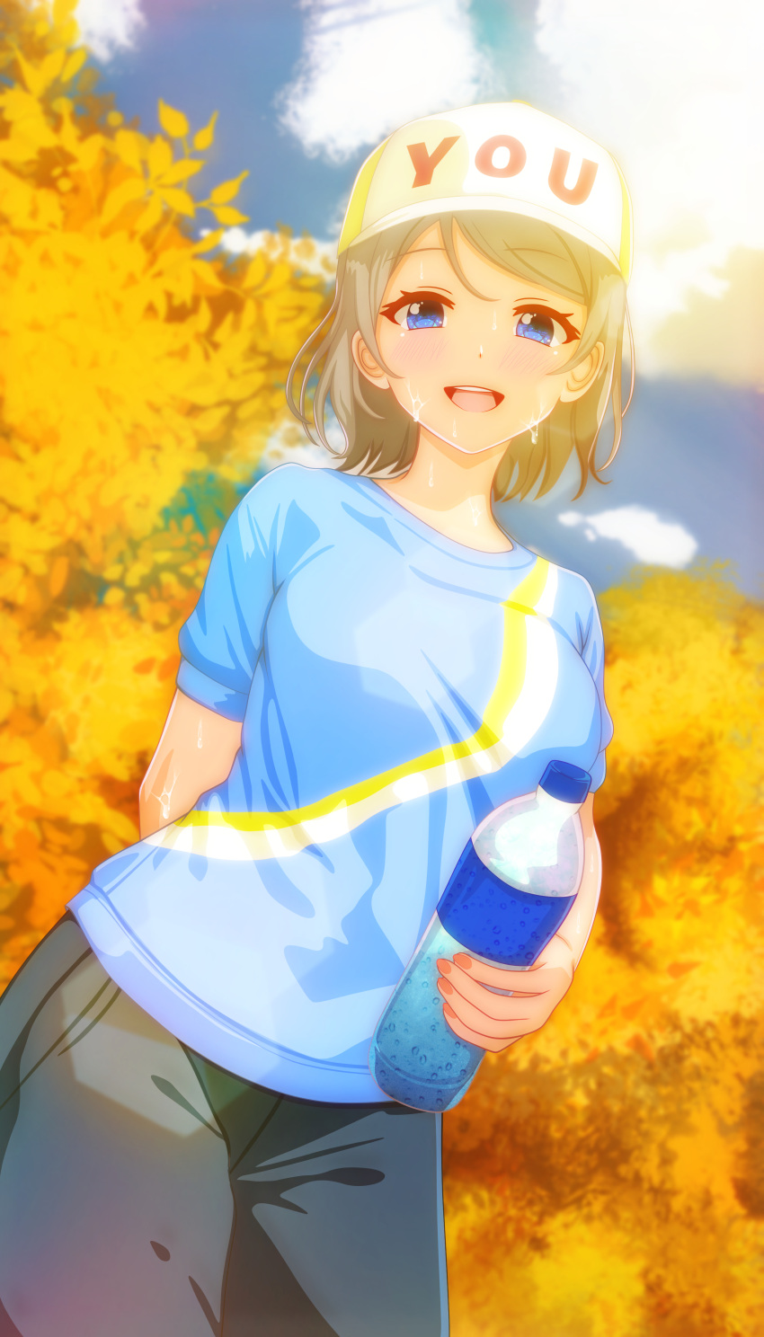 1girl absurdres autumn autumn_leaves baseball_cap blue_eyes blue_shirt blue_sky blush bottle breasts brown_hair check_commentary commentary commentary_request day eyelashes fingernails hat highres holding holding_bottle looking_at_viewer love_live! love_live!_sunshine!! medium_breasts open_mouth outdoors pants shirt short_hair sky smile sportswear sweat t-shirt tree tropic-mango-juice watanabe_you