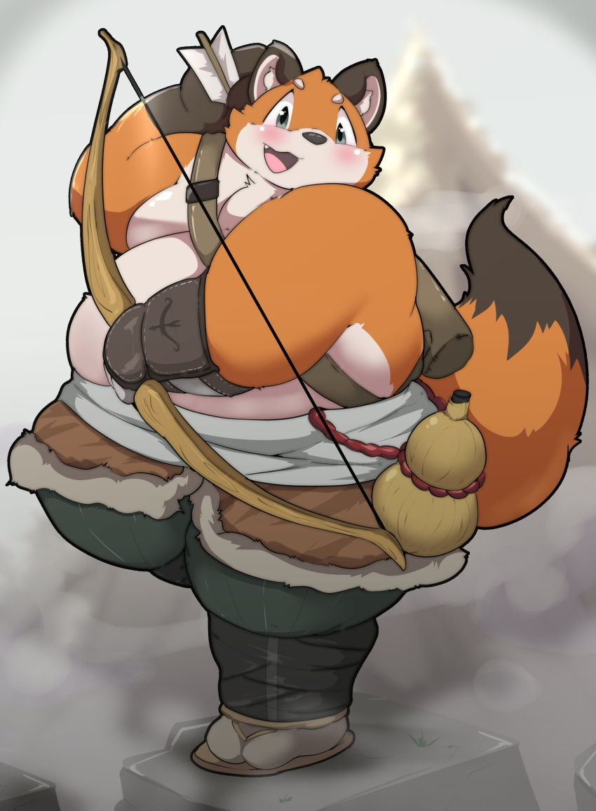 2023 absurd_res anthro arrow_(weapon) belly big_belly blush bow_(weapon) canid canine clothed clothing fox hi_res kemono kusosensei male mammal moobs overweight overweight_male ranged_weapon solo weapon