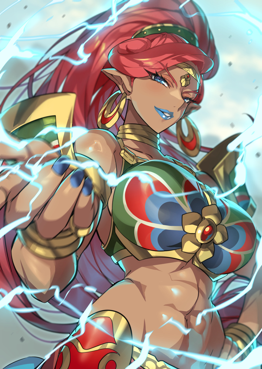 1girl abs absurdres blue_eyes blue_lips blue_nails bracelet breasts crescent crescent_earrings dark-skinned_female dark_skin earrings electricity hand_on_own_hip highres jewelry large_breasts long_hair midriff pointy_ears red_hair ring senri_gan the_legend_of_zelda the_legend_of_zelda:_breath_of_the_wild urbosa