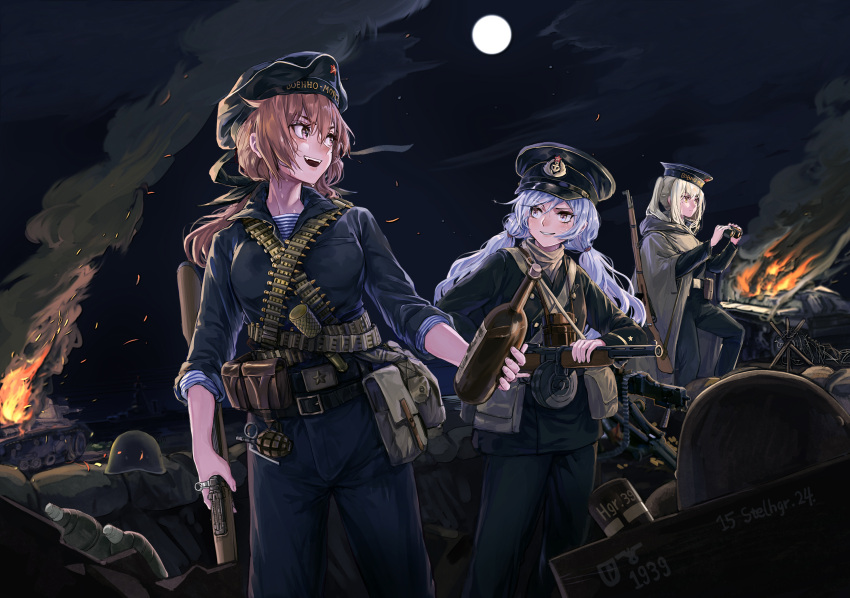 3girls ammunition_belt belt blonde_hair blue_hair brown_hair burning cloak explosive german_text grenade gun hat highres machine_gun military_vehicle molotov_cocktail moon motor_vehicle multiple_girls original peaked_cap ppsh-41 red_star rifle russian_text shirt smoke soviet soviet_naval_infantry soviet_navy stick_grenade striped striped_shirt submachine_gun sweat tank telnyashka tuziki_sang weapon world_war_ii