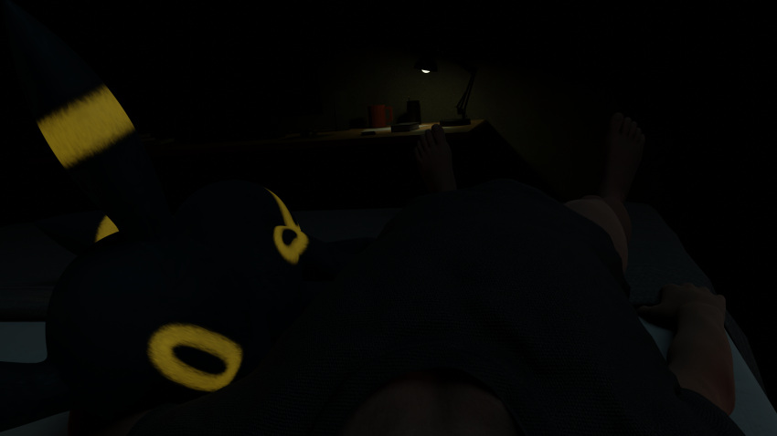 absurd_res bedroom cozy dim_lighting duo eeveelution female feral generation_2_pokemon hi_res human male male/female mammal mikiyani night nintendo pokemon pokemon_(species) sleeping tired umbreon