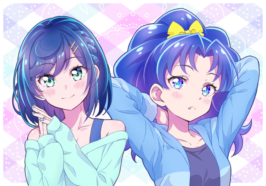 2girls artist_request bare_shoulders blue_eyes blue_hair blue_nails blue_shirt blush bow braid color_connection delicious_party_precure eyelashes fang fuwa_kokone green_eyes hair_bow hair_ornament hairclip happy highres kirakira_precure_a_la_mode long_hair looking_at_viewer medium_hair multiple_girls parted_bangs precure shirt side_braid smile source_request standing tategami_aoi