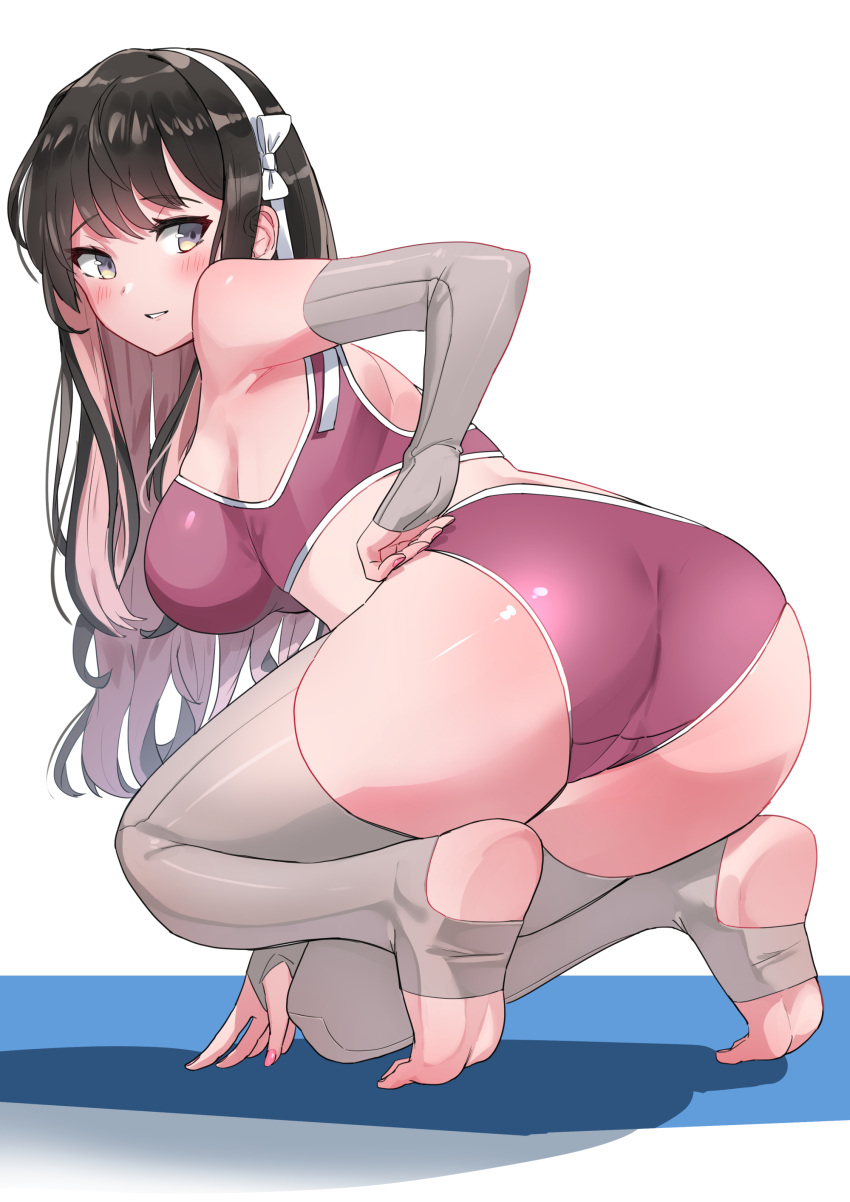 1girl absurdres alternate_costume ass black_hair breasts colored_inner_hair commentary_request detached_sleeves full_body grey_sleeves grey_thighhighs hairband highres kantai_collection large_breasts long_hair looking_back multicolored_hair naganami_(kancolle) on_one_knee osananajimi_neko panties parted_lips pink_hair pink_nails pink_panties pink_sports_bra sideboob simple_background sleeves_past_wrists smile soles solo sports_bra stirrup_legwear thighhighs tiptoes toeless_legwear toes two-tone_hair underwear white_background white_hairband yellow_eyes