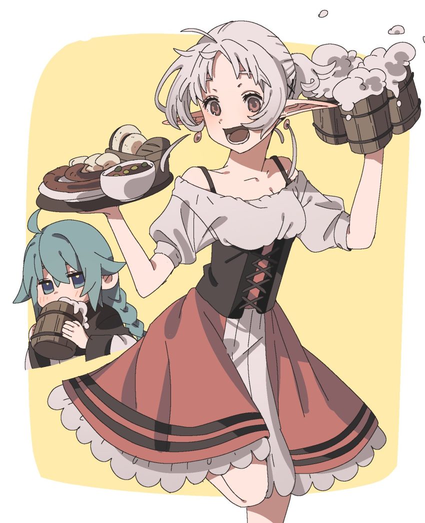 2girls :d alcohol barmaid beer beer_mug blue_eyes blue_hair bread cl5hhuq2 cup dress drinking elf foam food german_clothes highres holding mug multiple_girls mushoku_tensei open_mouth pointy_ears ponytail red_eyes roxy_migurdia sausage smile sylphiette_(mushoku_tensei) tray white_hair