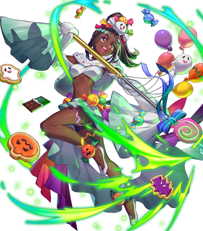 1girl alternate_costume balloon black_shorts breasts brown_hair candy candy_hair_ornament chocolate circlet cookie dark-skinned_female dark_skin fire_emblem fire_emblem_engage fire_emblem_heroes food food-themed_hair_ornament full_body ghost_hair_ornament glowing gradient_clothes hair_ornament highres holding holding_weapon jack-o'-lantern leg_up long_hair long_sleeves medium_breasts midriff navel non-web_source official_alternate_costume official_art okada_manabi open_mouth parted_bangs polearm ponytail pumpkin red_eyes ribbon shiny_skin shoes shorts skirt sleeves_past_wrists smile solo spear star-shaped_pupils star_(symbol) stomach symbol-shaped_pupils teeth timerra_(fire_emblem) transparent_background upper_teeth_only weapon wide_sleeves